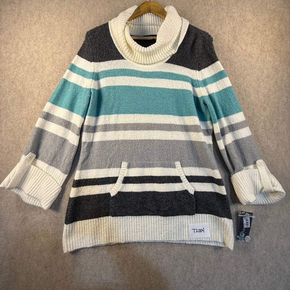Style & Co Womens Cowl Neck Striped Sweater Teal Grey White Pocket M NWT Y2K